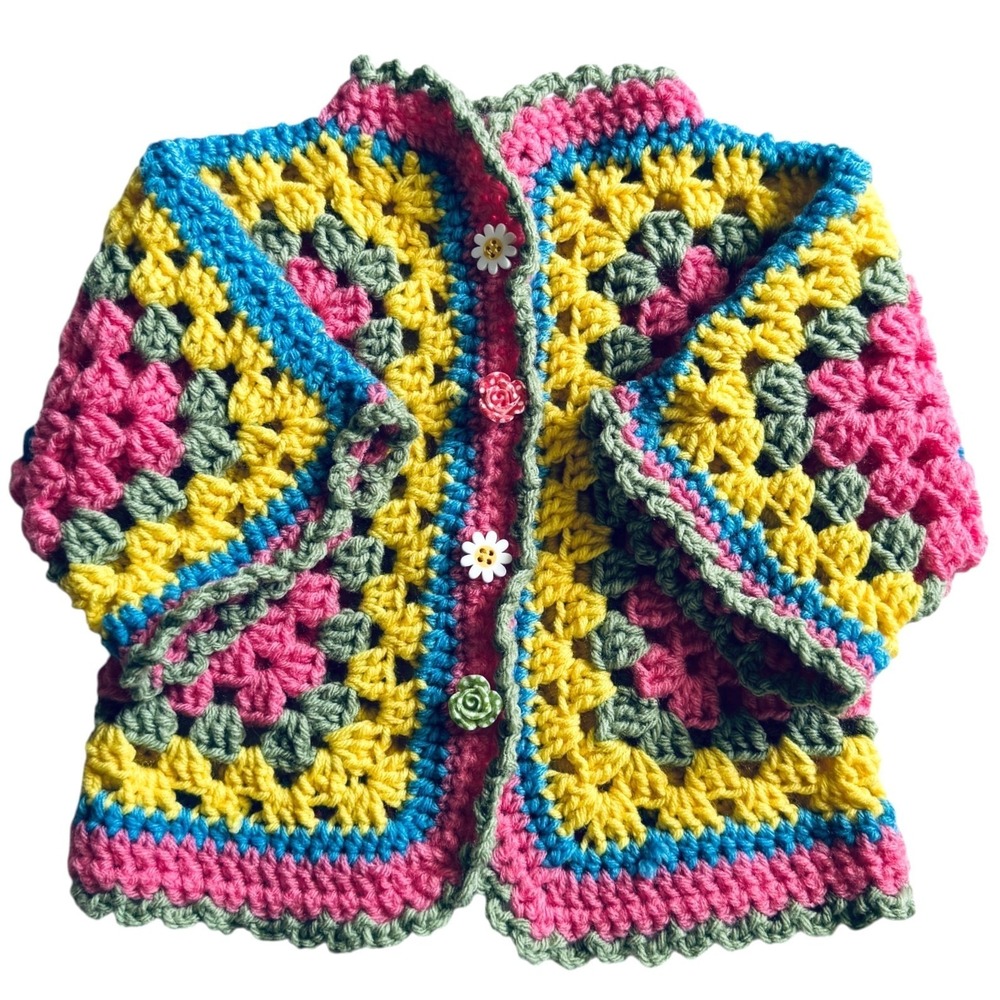 Handmade Crocheted Toddler Girl's Cardigan Size 2T Colorful Flower Buttons NEW
